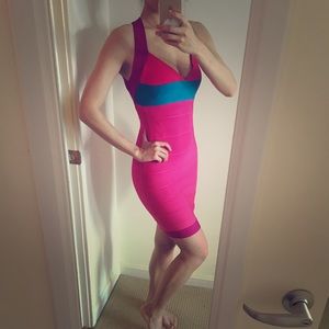 Herve Leger magenta and teal mini dress